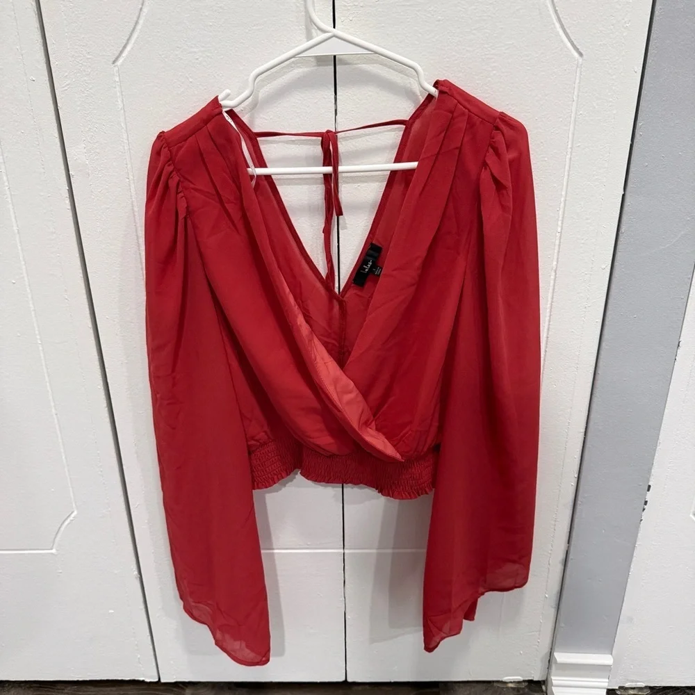 NWOT Lulus Loving Aura Coral Red Smocked Long Flutter Sleeve Top - Picture 3 of 8
